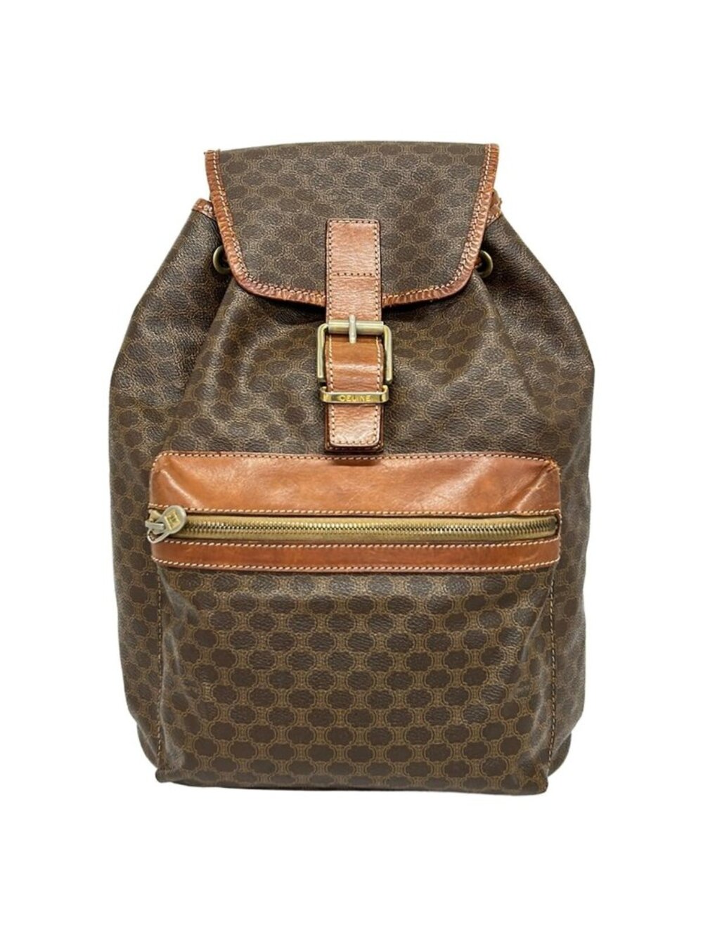 Celine Backpack Macadam Pattern Dark Brown Drawstring Leather